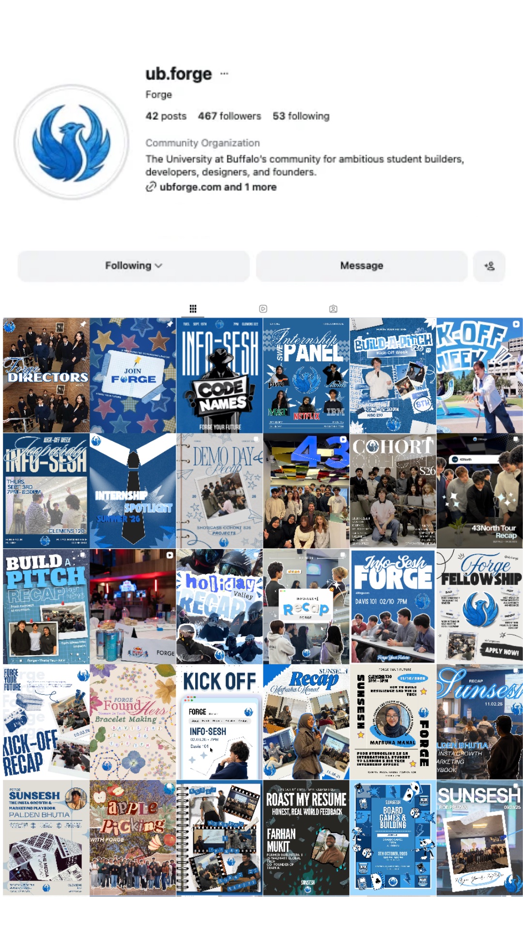 Forge Instagram profile and complete feed layout with 42 posts and 467 followers