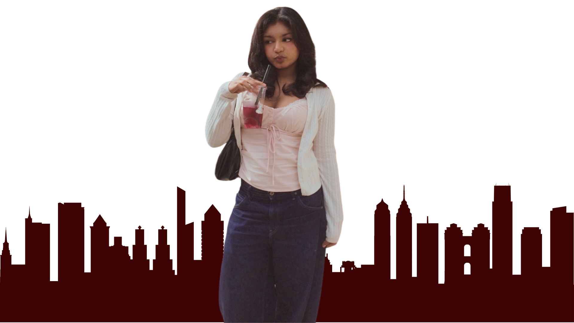 Leya standing in front of a dark red city silhouette